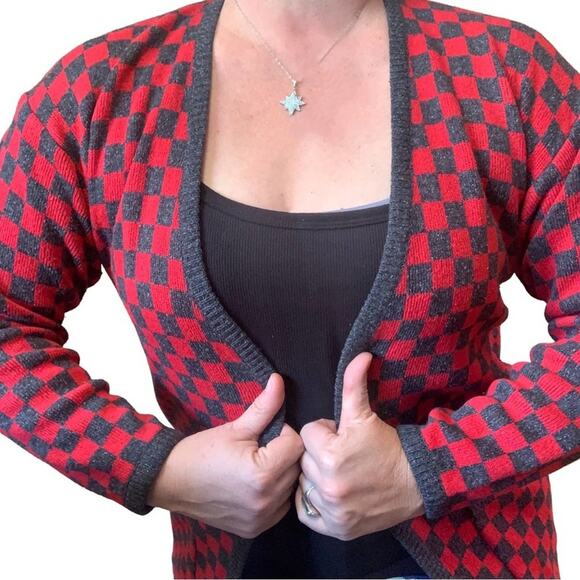 Checkered Cardigan Silk Wool Blend Checkered Vintage Sweater - Picture 8 of 16